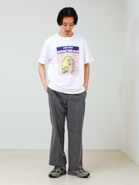 「GLOSTER（グロスター）の【THE DAYS/ザ デイ】CLASSIC HAIR TEE クラシックヘアTシャツ（Tシャツ/カットソー、ホワイト系）」を使った、須山さん（メンズ・177cm）の夏コーディネート