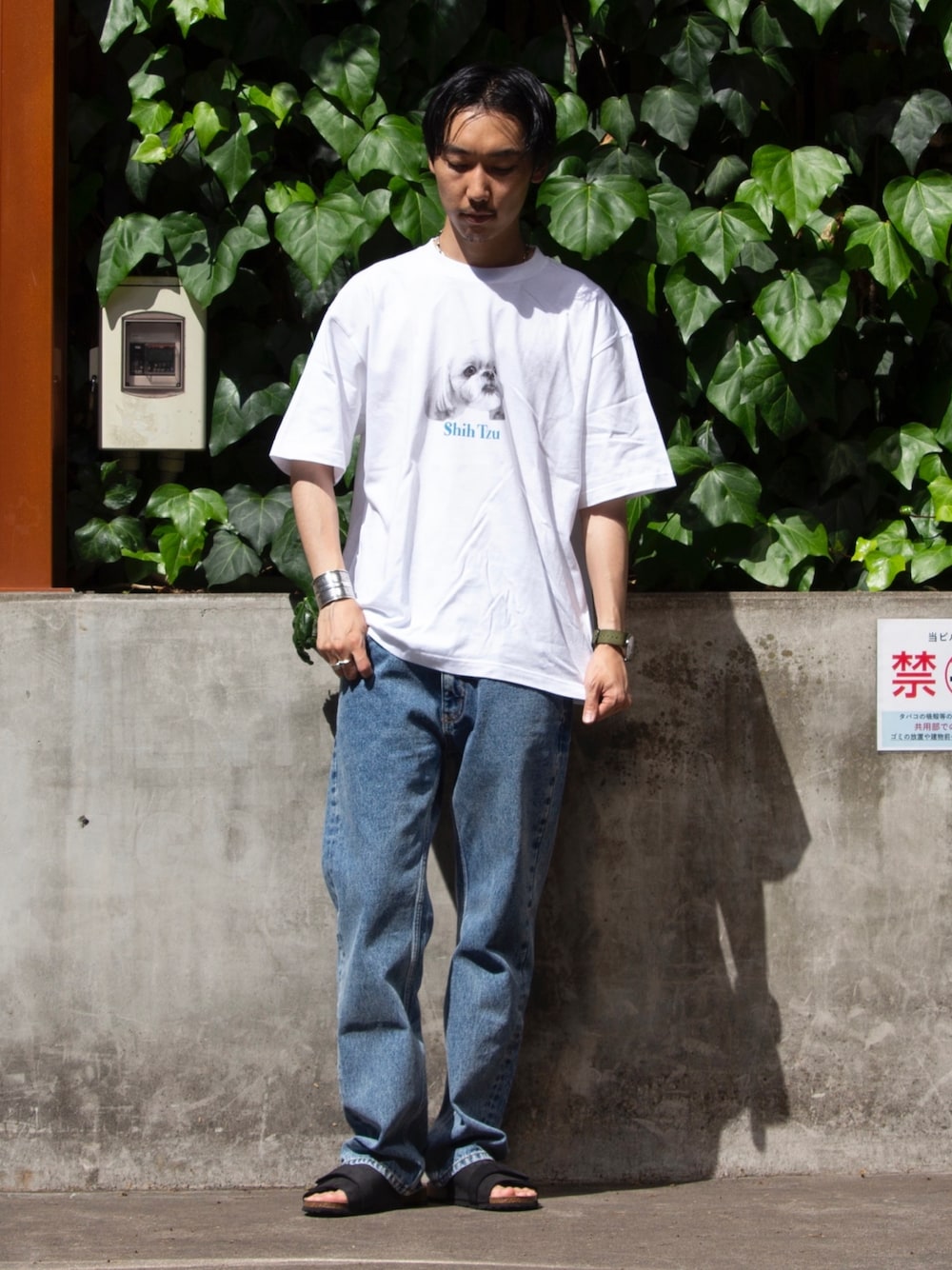 「お出かけコーデ日記、ストリート、きれいめカジュアル、初夏コーデ、休日スタイル、シンプルコーデ、デニム、プリントT、サンダル、夏コーデ、オトナカジュアル、夏だ！Tシャツ着よう！、白Tシャツ、カジュアル、みんなの白Tフェス」｜「GLOSTERの《23SS新柄追加!!》【GLOSTER/グロスター】DOG&CAT 犬猫プリントTシャツ（Tシャツ/カットソー、ホワイト系）」を使った、須山さん（メンズ・177cm）の春コーディネートの1枚目の写真