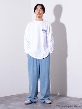 「GOOD ROCK SPEED（グッドロックスピード）の【GOOD ROCK SPEED/グッドロックスピード】別注ロンT バンド バンT（Tシャツ/カットソー）」を使った、須山さん（メンズ・177cm）の夏コーディネート