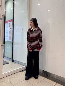 「URBAN RESEARCH（アーバンリサーチ）の『UR TECH』ベロアボーダーラガーシャツ（Tシャツ/カットソー、レッド系）」を使った、suzukoさん（レディース・152cm）の秋コーディネート