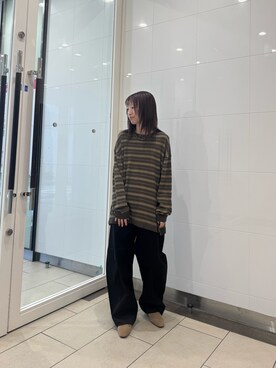 「URBAN RESEARCH（アーバンリサーチ）のマルチボーダークルーネックニット（ニット/セーター、グリーン系）」を使った、suzukoさん（レディース・152cm）の秋コーディネート