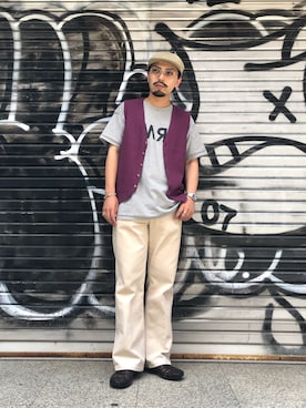 「アイテム（ベスト、パープル系）」を使った、Masakiさん（メンズ・163cm）の夏コーディネート