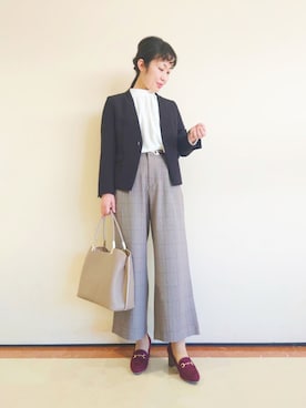 「チェック柄に恋してる」｜「アイテム（ノーカラージャケット）」を使った、あんずさん（レディース・167cm）の秋コーディネート