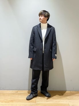 「green label relaxing（グリーンレーベルリラクシング）のアイテム（チェスターコート）」を使った、北村さん（メンズ・164cm）の冬コーディネート