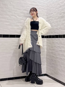 「PAGEBOY（ページボーイ）のモンスターフェザーカーディガン（カーディガン/ボレロ）」を使った、Rukaさん（レディース・160cm）の秋コーディネート