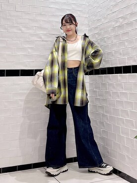 「PAGEBOY（ページボーイ）のオンブレチェックルーズシャツ（シャツ/ブラウス）」を使った、Rukaさん（レディース・160cm）の夏コーディネート