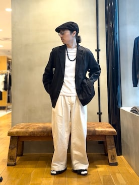 「URBAN RESEARCH（アーバンリサーチ）のLINEN SHIRTS JACKET（テーラードジャケット、ブラック系）」を使った、原田圭史さん（メンズ・171cm）の春コーディネート
