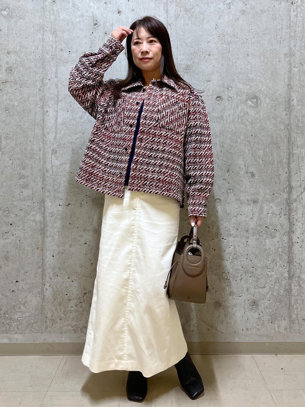 「西宮阪急、153㎝、初冬コーデ、お出かけコーデ、スカートスタイル、ROPÉ、ウェーブ、イエベ秋、混合、低身長、トップス、ニット/セーター、ジャケット/アウター、ブルゾン、スカート」｜「ROPE'のBeatrice boots(ベアトリス ブーツ)（ブーツ、ブラック系）」を使った、HARUさん（レディース・153cm）の秋コーディネートの1枚目の写真