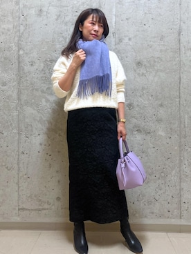 「ROPE'（ロペ）のカシミヤブレンド RPロゴリバーストール（ストール/ショール）」を使った、HARUさん（レディース・153cm）の秋コーディネート