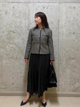 「プリーツ」｜「アイテム（ノーカラージャケット）」を使った、HARUさん（レディース・153cm）の秋コーディネート