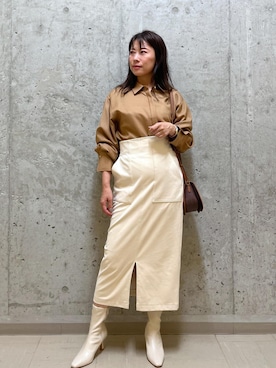 「オフホワイト」｜「アイテム（ブーツ）」を使った、HARUさん（レディース・153cm）の秋コーディネート