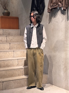 「Toironier（トワロニエ）のToironier/トワロニエ/STRIPE SHORT SHIRTS（シャツ/ブラウス、ホワイト系）」を使った、中原大地【吾亦紅】さん（メンズ・172cm）の春コーディネート
