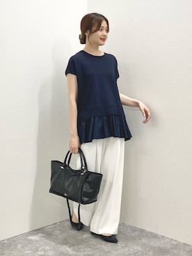 「NOLLEY’S（ノーリーズ）の《セットアップ対応》ウォッシャブルイージーツイルセミワイドパンツ（その他パンツ、ホワイト系）」を使った、nol murakamiさん（レディース・152cm）の夏コーディネート