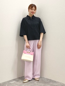「NOLLEY’S（ノーリーズ）のHINERI　キャンバスコンビS（ショルダーバッグ、ピンク系）」を使った、nol murakamiさん（レディース・152cm）の春コーディネート