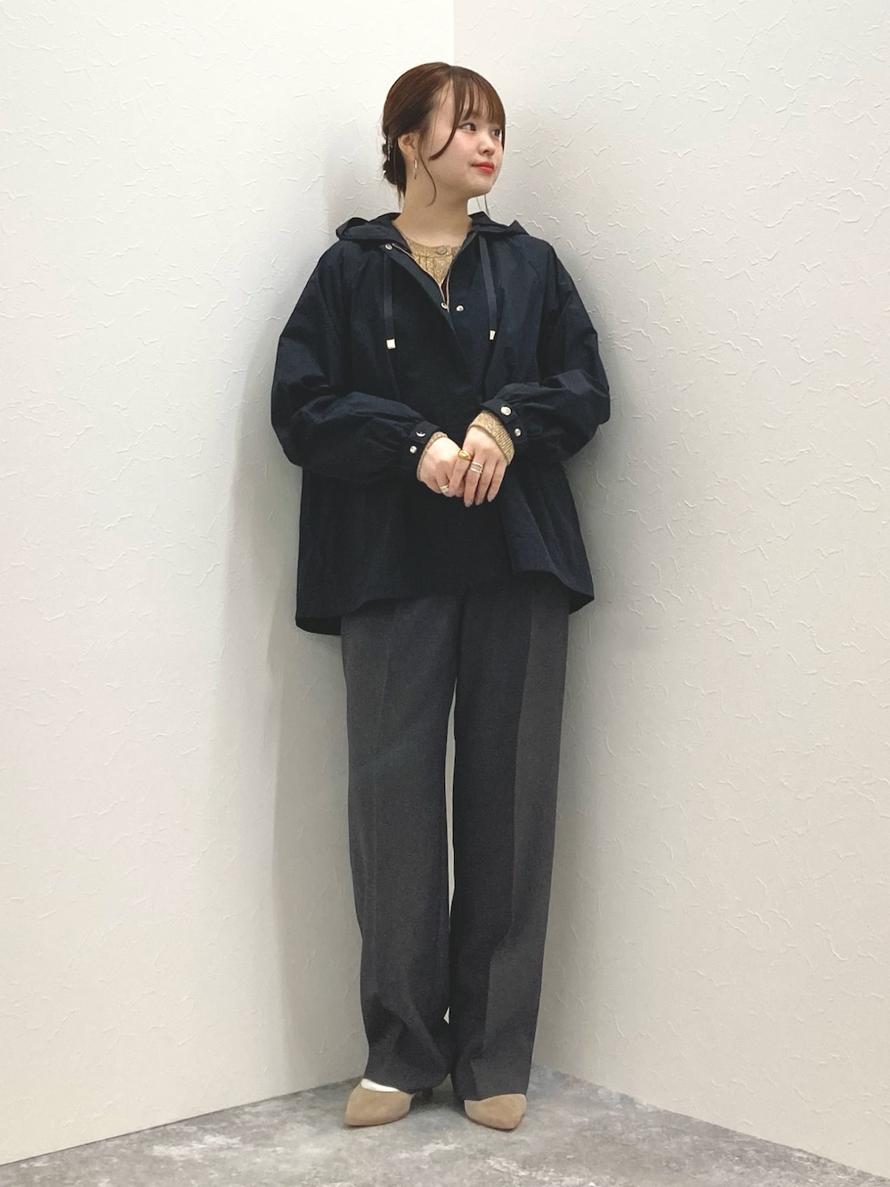 「マンパ、ワイドパンツ、パンツスタイル、低身長、撥水加工、低身長コーデ、152cm、フード取り外し、マウンテパーカー、150cm台コーデ」｜「NOLLEY’Sのウォッシャブル2WAYマウンテンパーカー（マウンテンパーカー、ブルー系）」を使った、nol murakamiさん（レディース・152cm）の春コーディネートの1枚目の写真
