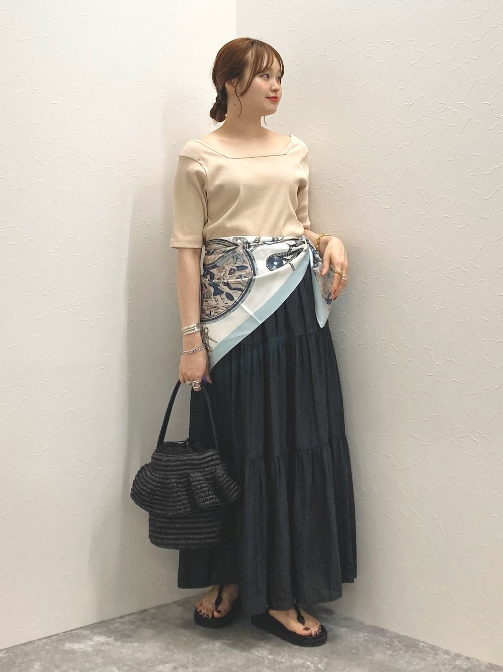 「Rie Millerの2WAYニュアンスカットリブハーフスリーブプルオーバー（Tシャツ/カットソー、ベージュ系）」を使った、nol murakamiさん（レディース・152cm）の夏コーディネートの1枚目の写真