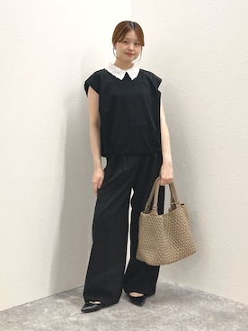 「NOLLEY’S（ノーリーズ）の《セットアップ対応/接触冷感》【BECシリーズ】ウォッシャブルハイスペックジャージノースリーブ（Tシャツ/カットソー、ブラック系）」を使った、nol murakamiさん（レディース・152cm）の夏コーディネート