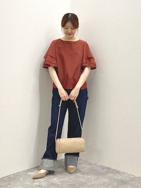 「Rie Miller（リエミラー）の【RM denim】45th limited editionﾛｰﾙｱｯﾌﾟｽﾄﾚｰﾄﾃﾞﾆﾑ(ｾﾙﾋﾞｯﾁ)（デニムパンツ、ブルー系）」を使った、nol murakamiさん（レディース・152cm）の夏コーディネート