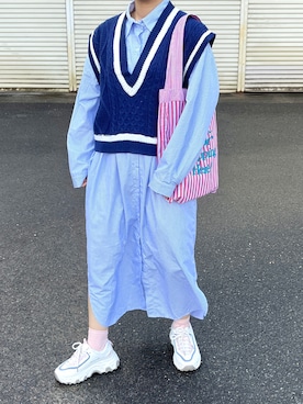 「ブルーコーデ」｜「アイテム（シャツワンピース）」を使った、マイカさん（レディース・150cm）の春コーディネート