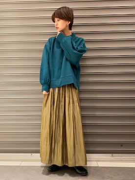 「earth music&ecology（アースミュージックアンドエコロジー）の裏起毛モックネックプルオーバー*（スウェット）」を使った、のっちさん（レディース・161cm）の冬コーディネート