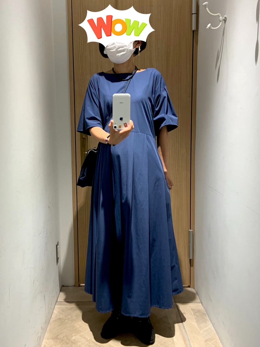 「ear PAPILLONNERの【速乾】2WAYタックワンピース（ワンピース、ブルー系）」を使った、まーさん（レディース・157cm）の秋コーディネートの1枚目の写真