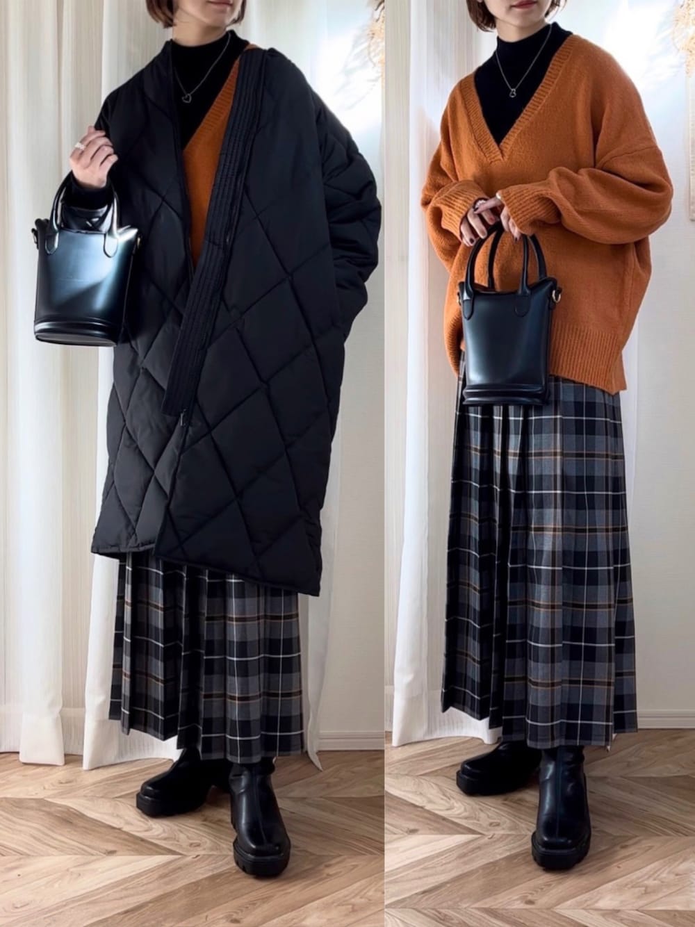 ブラック系のダウンジャケット/コート、オレンジ系のニット/セーター、ブラック系のニット/セーターを着用したレディースの冬コーディネートの1枚目の写真