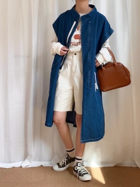 「ハーフパンツ」｜「アイテム（モッズコート）」を使った、𝚍𝚊𝚛𝚊.さん（レディース・163cm）の春コーディネート