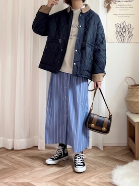 「ストライプワンピース」｜「アイテム（ジャケット/アウター）」を使った、𝚍𝚊𝚛𝚊.さん（レディース・163cm）の冬コーディネート