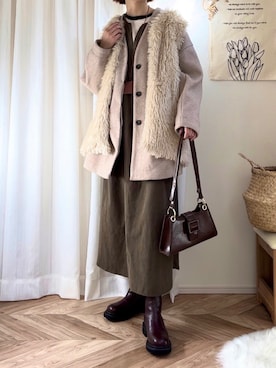 「ORiental TRaffic(ORiental TRaffic)」｜「アイテム（ノーカラーコート）」を使った、𝚍𝚊𝚛𝚊.さん（レディース・163cm）の冬コーディネート