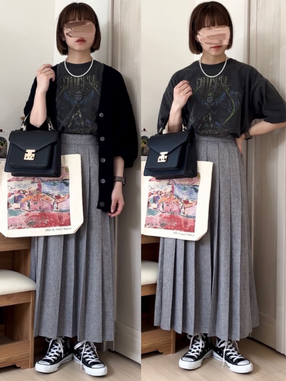 グレー系のTシャツ/カットソー、ブラック系のカーディガン/ボレロ、グレー系のスカートを着用したレディースの春コーディネートの1枚目の写真