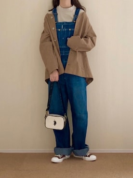 「ノーカラージャケット」｜「アイテム（サロペット/オーバーオール）」を使った、𝚍𝚊𝚛𝚊.さん（レディース・163cm）の秋コーディネート