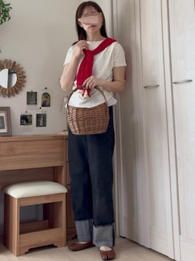 「SENSE OF PLACE by URBAN RESEARCH（センスオブプレイスバイアーバンリサーチ）のフリルドレープトップ（Tシャツ/カットソー、ホワイト系）」を使った、𝚍𝚊𝚛𝚊.さん（レディース・164cm）の夏コーディネート