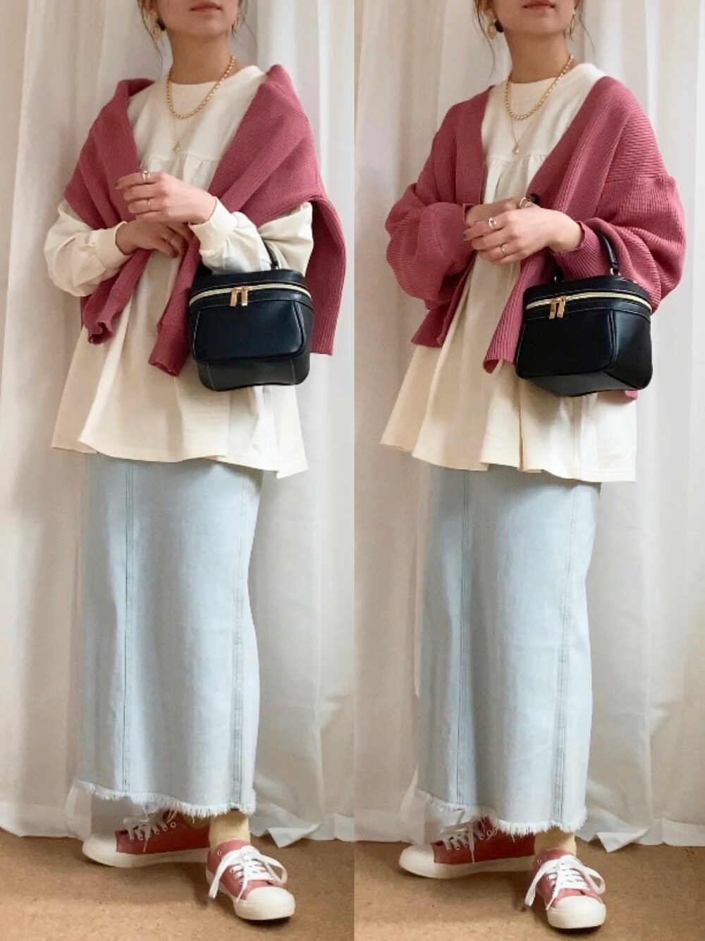 ホワイト系のTシャツ/カットソー、ピンク系のカーディガン/ボレロ、ブルー系のスカートを着用したレディースの春コーディネートの1枚目の写真