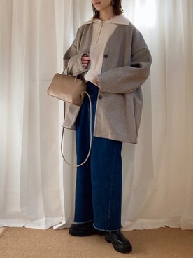 「白ニット」｜「アイテム（ノーカラーコート）」を使った、𝚍𝚊𝚛𝚊.さん（レディース・163cm）の冬コーディネート