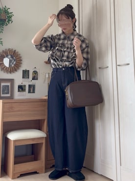 「tiptop（ティップトップ）のシアーチェック2wayシャツ（シャツ/ブラウス、ベージュ系）」を使った、𝚍𝚊𝚛𝚊.さん（レディース・164cm）の夏コーディネート