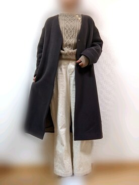 「コーデュロイパンツ」｜「アイテム（ノーカラーコート）」を使った、*sakura*さん（レディース・160cm）の冬コーディネート