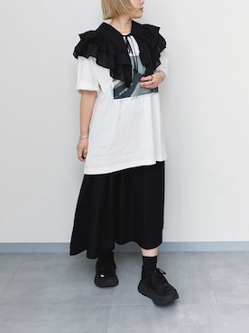 「無印良品（ムジルシリョウヒン）の婦人　高密度ツイル　タックフレアスカート（スカート、ブラック系）」を使った、まりんさん（レディース・156cm）の春コーディネート