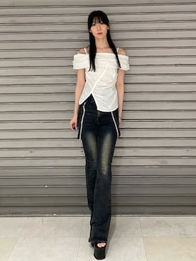 「EMODA（エモダ）のサイドオープンバルキーサンダル（サンダル）」を使った、後藤茉子さん（レディース・158cm）の夏コーディネート