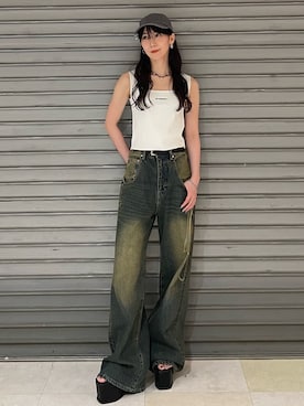 「EMODA（エモダ）のサイドオープンバルキーサンダル（サンダル）」を使った、後藤茉子さん（レディース・158cm）の夏コーディネート