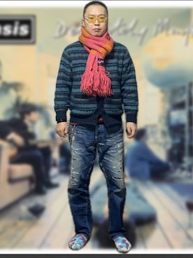 「AOZORA（アオゾラ）のアイテム（デニムパンツ、ブルー系）」を使った、Shigeさん（メンズ・176cm）の冬コーディネート