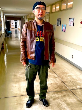 「古着のアイテム（ライダースジャケット、ブラウン系）」を使った、Shigeさん（メンズ・176cm）の春コーディネート