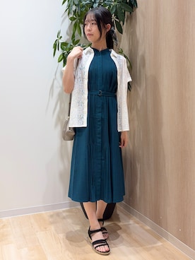 「grove（グローブ）の【低身長さんも選べる着丈・洗濯機◎】プリーツベルトワンピース（ワンピース、グリーン系）」を使った、Ayaneさん（レディース・156cm）の夏コーディネート