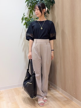 「grove（グローブ）の【吸水速乾・UVカット・接触冷感】シアードッキングランタンスリーブTシャツ（Tシャツ/カットソー、ブラック系）」を使った、Ayaneさん（レディース・156cm）の夏コーディネート