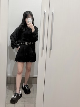 「Honeys（ハニーズ）のショート丈シアーシャツ（シャツ/ブラウス、ブラック系）」を使った、Uさん（レディース・146cm）の夏コーディネート