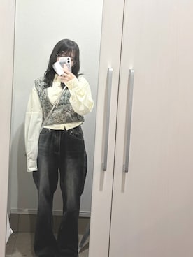 「miette（ミエット）のメッシュ切替クロップドシャツ（シャツ/ブラウス、ホワイト系）」を使った、Uさん（レディース・146cm）の春コーディネート