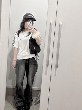 「MUSINSA（ムシンサ）のアイテム（デニムパンツ、ブラック系）」を使った、Uさん（レディース・146cm）の夏コーディネート