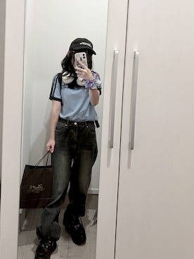 「adidas（アディダス）のアディカラー クラシックス ワッフル スリーストライプス スリム半袖Tシャツ / アディダスオリジナルス adidas Originals（Tシャツ/カットソー、ブルー系）」を使った、Uさん（レディース・146cm）の春コーディネート