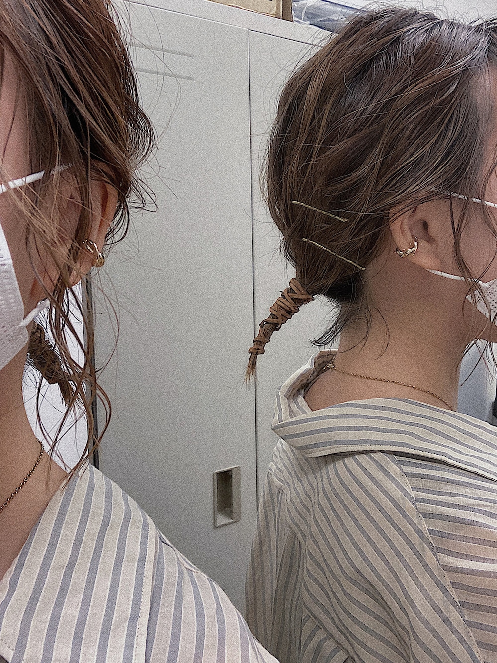 「ヘアアレンジ、紐アレンジ、ヘアメイク、セルフアレンジ、ボブヘアアレンジ、切りっぱなしボブ、UNIQLO、Lattice、イヤーカフ」｜「no brandのアイテム（ヘアアクセサリー、ブラウン系）」を使った、おまなさん（レディース・153cm）の冬コーディネートの1枚目の写真