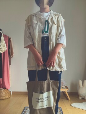 「beautiful people（ビューティフルピープル）のbeautiful people big name tote 7225611914（トートバッグ、ベージュ系）」を使った、Runさん（レディース・159cm）の夏コーディネート