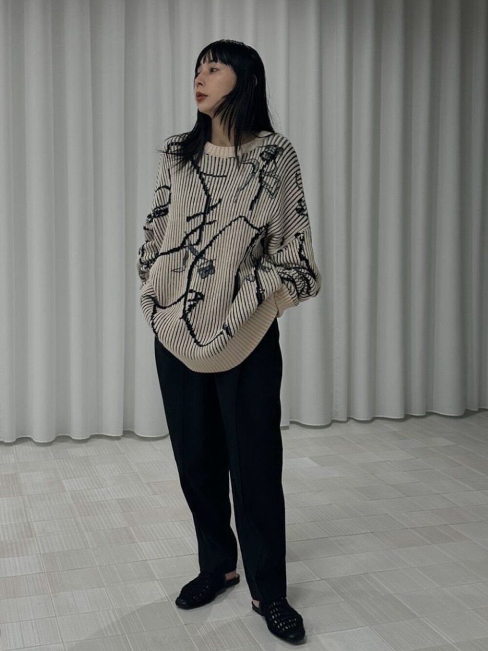 Ameri（アメリ）の「NUANCE BODY LINE LOOSE KNIT TOP（ニット 